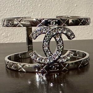 Silver Crystal CC Double-Band Cuff Bracelet